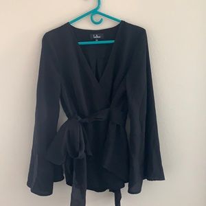 Lulus Black V-Neck Wrap Top With Tie sz L